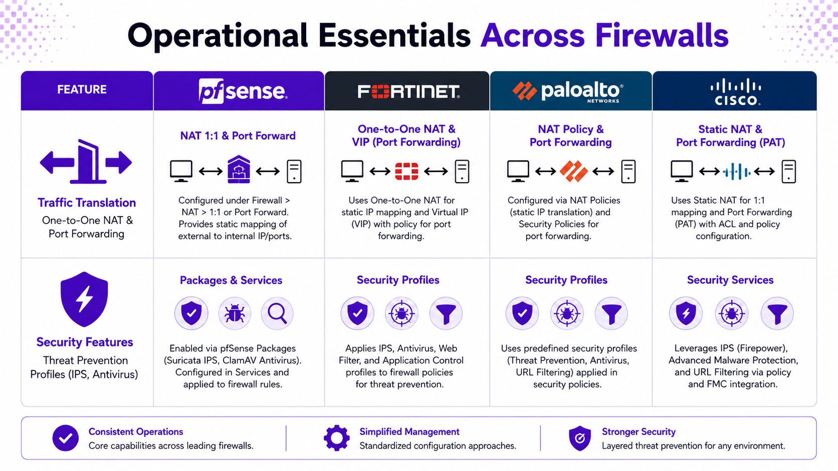 A comparison table outlining traffic translation and security feature configuration across pfSense, Fortinet, Palo Alto, and Cisco firewalls.