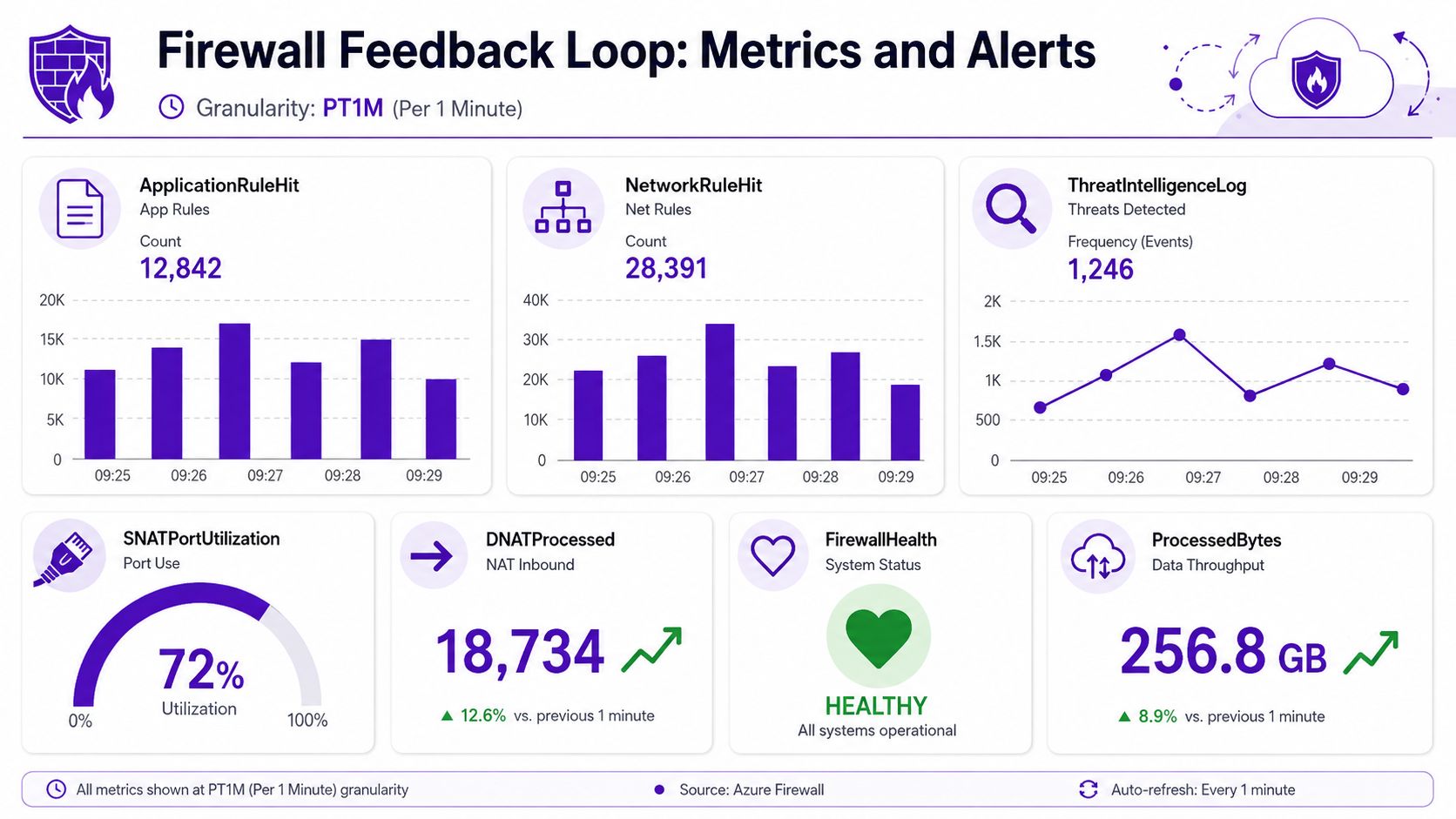 A dashboard displaying Azure Firewall metrics including application rules, network rule hits, and real-time system health status.
