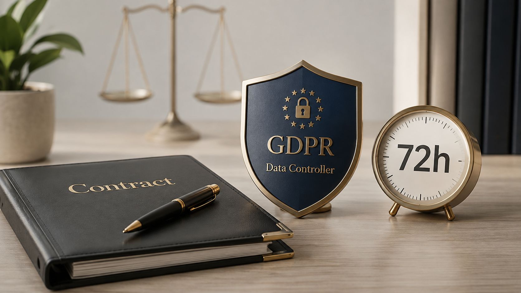 A leather contract binder, a GDPR data controller shield, and a 72-hour timer on a wooden desk.