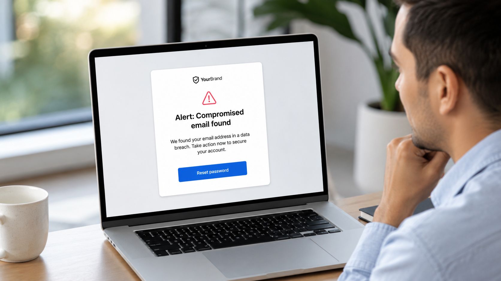 A man looks at a laptop screen displaying a security alert regarding a compromised email account.