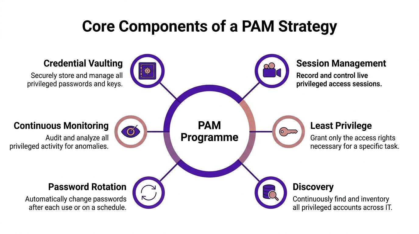 A diagram outlining the six core components of a Privileged Access Management program strategy.