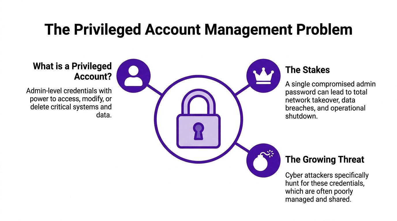 An infographic titled The Privileged Account Management Problem explaining definitions, stakes, and growing cyber threats.