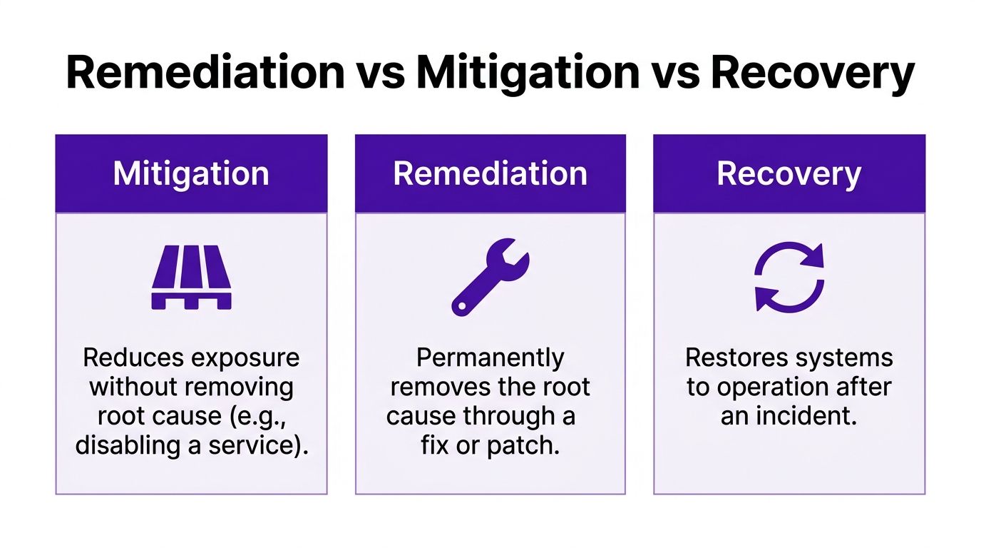 A comparison chart showing the differences between mitigation, remediation, and recovery in cybersecurity contexts.