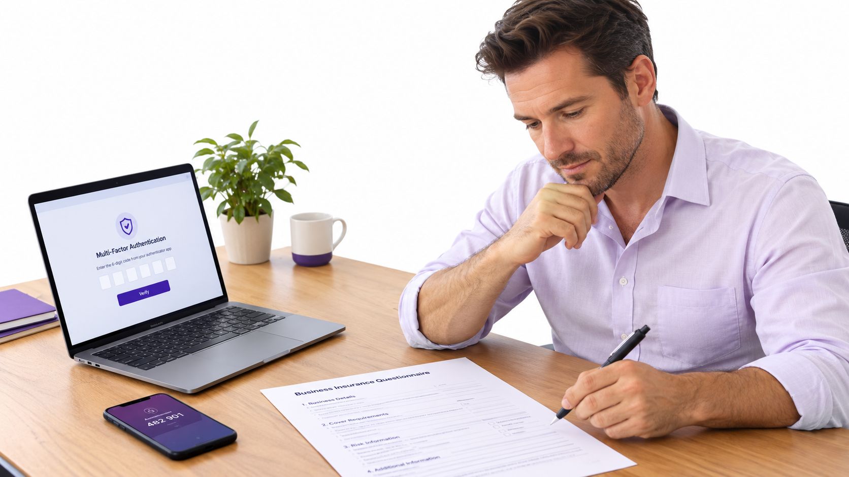 A professional man filling out a business insurance questionnaire while checking a multi-factor authentication code on his phone.