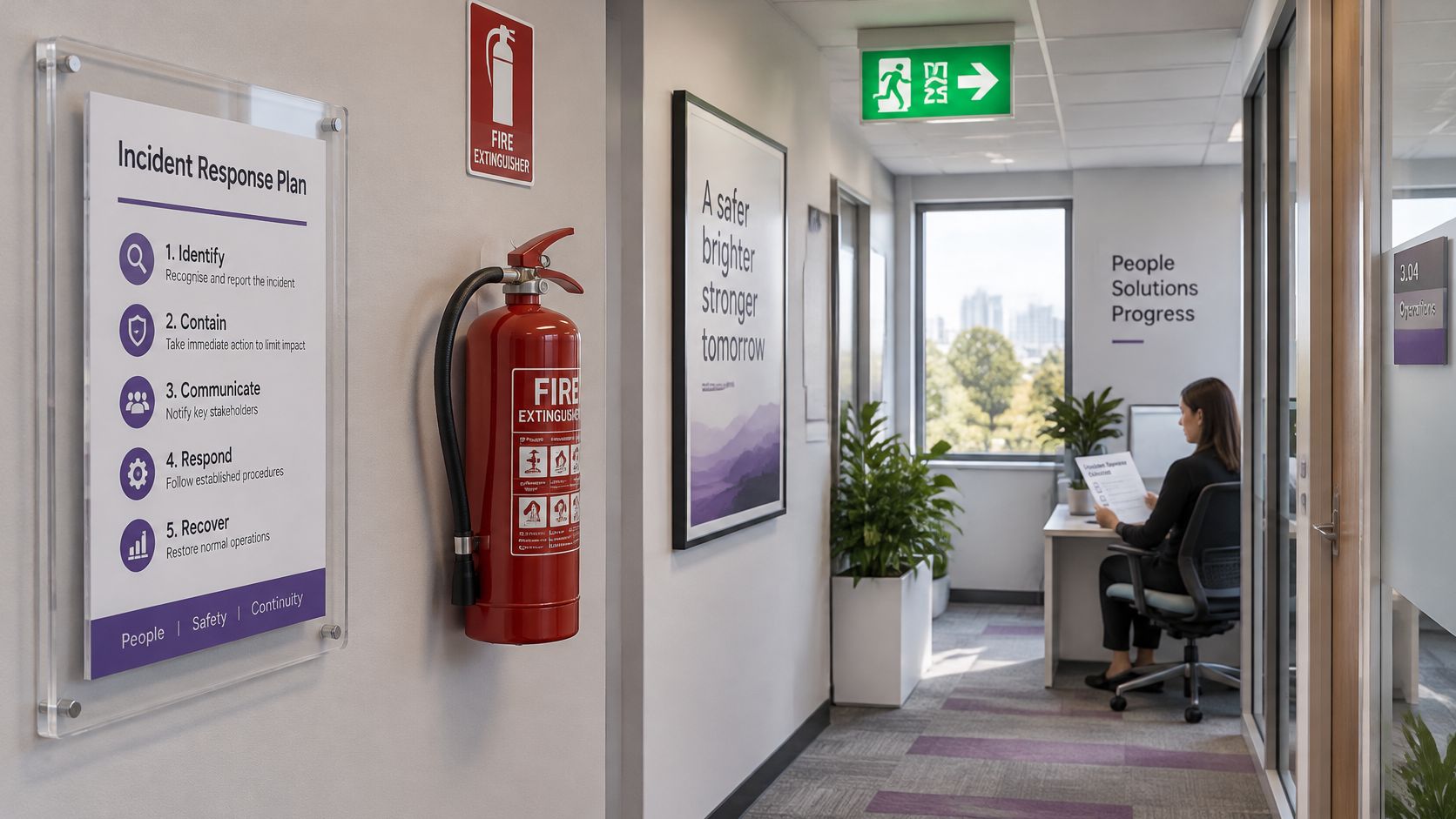 A professional office hallway featuring an incident response plan sign, fire extinguisher, and a person working.