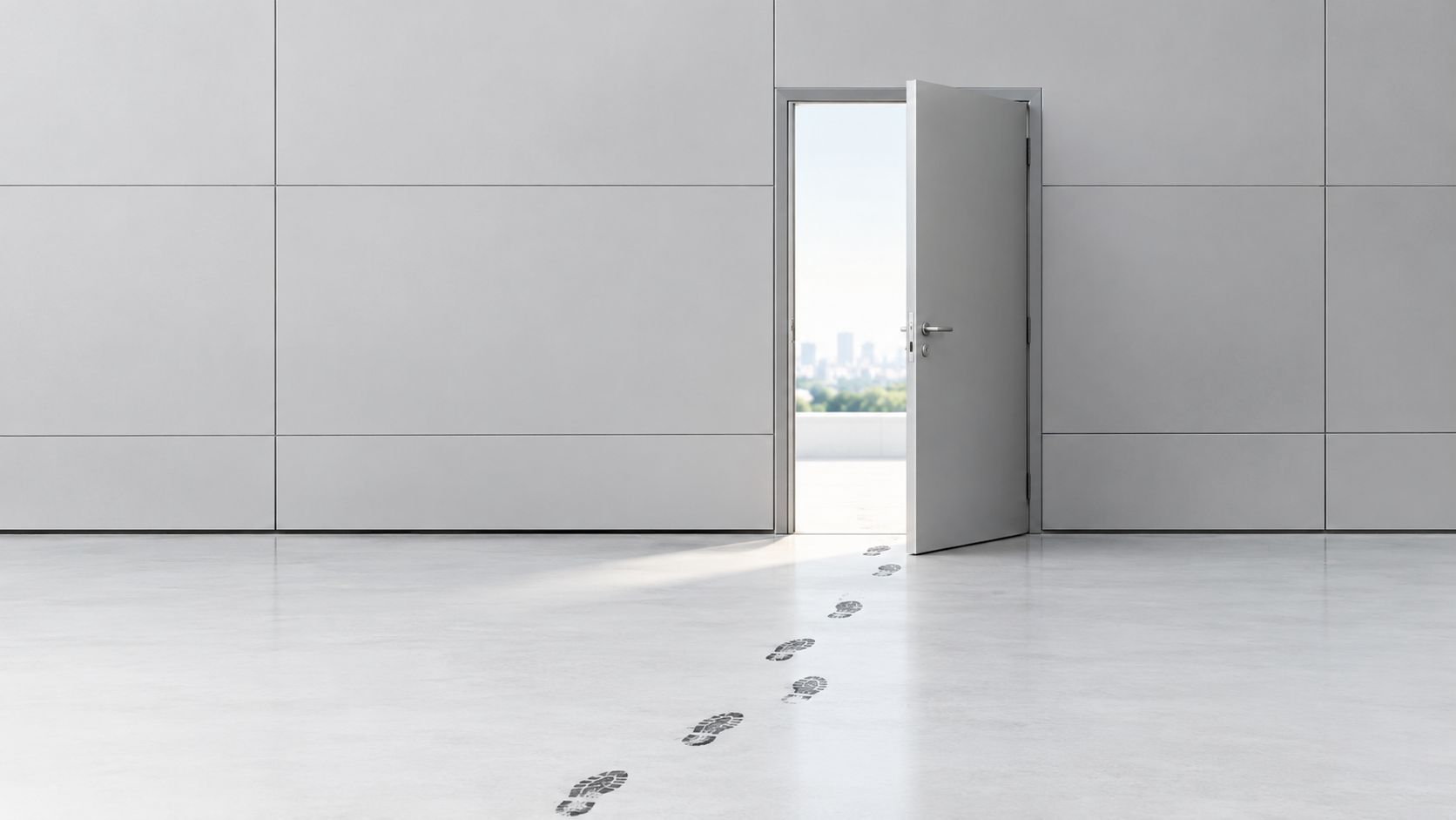 A trail of footprints leads to an open door in a minimalist office, revealing a city skyline.